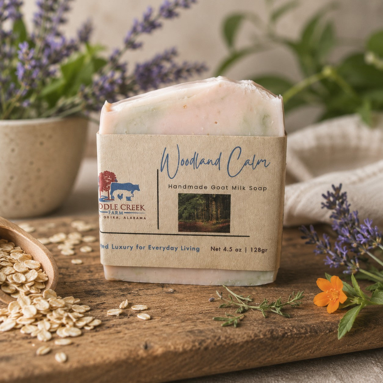 Woodland Calm aloe vera soap with lavender, oats, and botanical ingredients.
Handmade Woodland Calm soap crafted with aloe vera juice and French green clay.
Summer release artisan soap featuring jewelweed-infused oil and calamine powder.
Botanical aloe vera soap handcrafted by Middle Creek Farm.
Woodland Calm lavender soap bar with natural botanicals and rustic farmhouse styling.